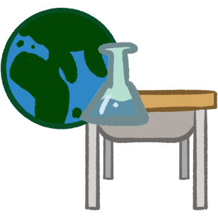 A school desk with a globe and a flask.